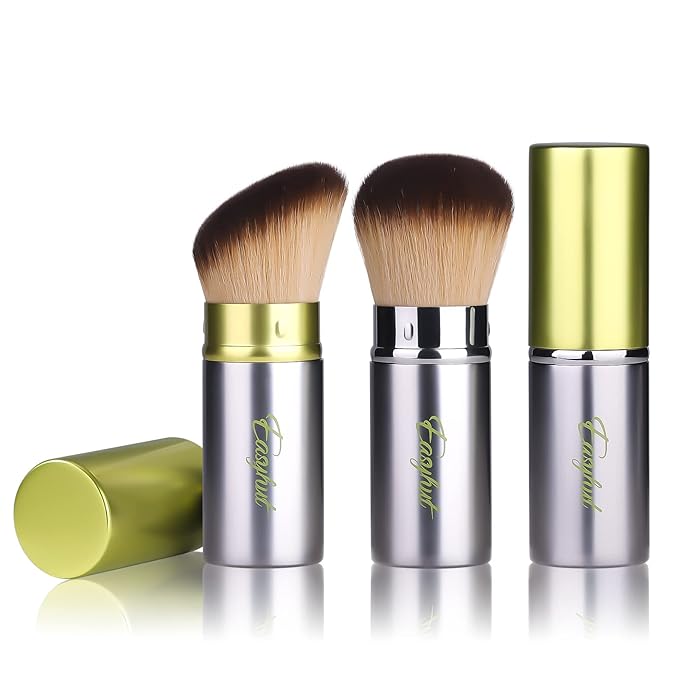 Easyhut Retractable Kabuki Makeup Brushes 2 Pcs Blush Brushes Set Portable Powder Brushes with Flat and Angled Top for Liquid Cream Cosmetics Travel, large/1.18inch(Silver Green)