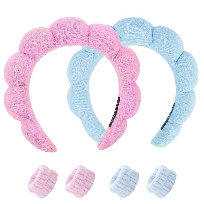 Spa Headband and Wristband Set for Women,Terry Cloth Sponge Headband for Washing Face,Makeup,Facial Mask and Skincare (Blue,Pink, One Size)