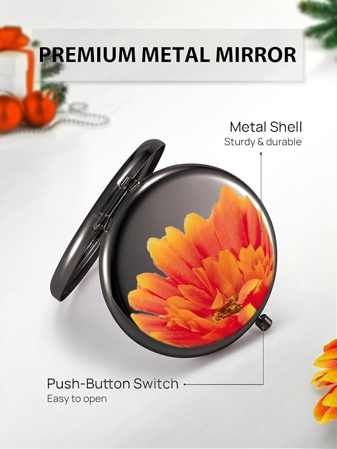 Compact Mirror for Purse, Double-Sided 1X/2X Magnifying Metal Pocket Makeup Mirrors(Round, Onyx Black)