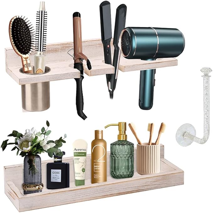 Hair Tool Organizer Wall Mount Holder, Set of 2 Layer Rustic Blow Dryer Holder, Hair Product Organizer Wooden Storage for Hair Dryer, Curling Iron, Hot Tools, Vanity Accessories, Makeup, Toiletries