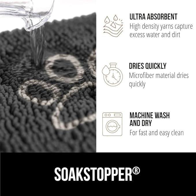 GORILLA GRIP SoakSTOPPER Dog Door Mat, 48x30 Machine Washable Rug Absorbent Doormat Captures Moisture Mud Dirt, Quick Dry Soft Chenille Entryway Rugs Indoor Entrance Mats for Dog Paws, Charcoal