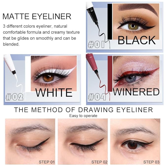 evpct 3Pcs White Red Black Matte Waterproof Colored Eyeliner Liquid Eye Liner Color Set Long Lasiting Colorful Liquid Eyeliner lapiz delineador de ojos contra el agua blanco para ojos de colores 1+3+9