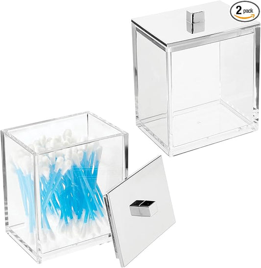 mDesign Plastic Rectangle Apothecary Canister - Organizer for Bathroom Vanity Countertop Shelf Decor - Holds Cotton Swabs, Soap, Makeup, Bath Salts - 2 Pack- Lumiere Collection - Clear/Chrome