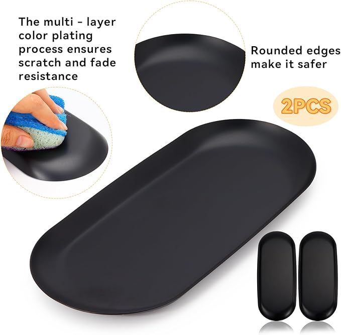2PACK Black Decorative Tray,Oval Stainless Steel Trays, Decorative Tray for Jewelry Dish Cosmetics Organizer Bathroom Clutter Serving Platter (Black, 9 in)