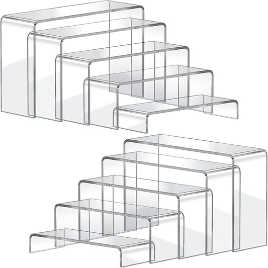 FUNFERY Acrylic Display Risers, 2 Set(7.8" L~8.2" L~8.6" L~9”L~9.3”L) Display Shelf for Figure, Collectibles, Cupcake, 5-Tier Clear Acrylic Stands for Dessert, Jewelry, Candy Showcase