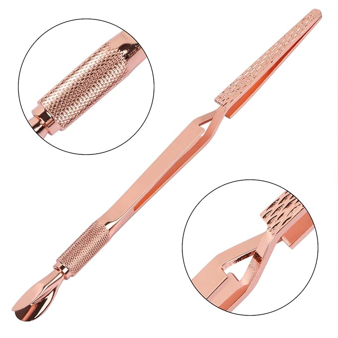 2PCS Rose Gold Stainless Steel Nail Art Tools Pinching Cuticle Pusher - Multifunction False Nail Shaping Tweezers Manicure Tool