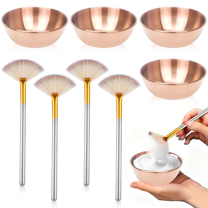 8 Pcs Rose Gold Esthetician Supplies 4 Facial Fan Brushes Esthetician 4 Rose Gold Stainless Steel Mixing Bowls Face Mask Brush Facial Bowls Esthetician for Mud Cream Makeup Spa Salon Women