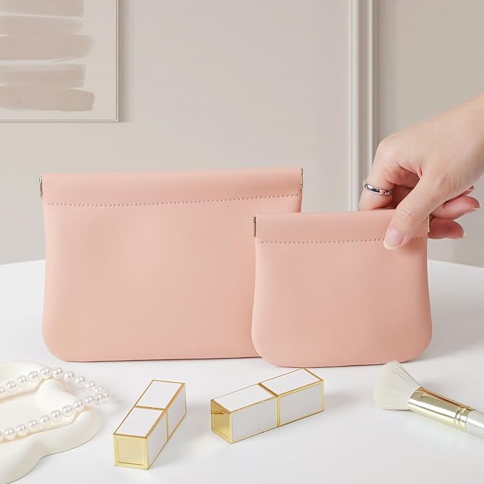 2 Pack Small Makeup Bag for Women, New Organosilicon Super Fiber Leather Mini Cosmetic Bag for Travel, Coin Purse Organizer Storage Pouch (Pink)