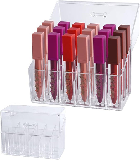 Wiojtry Acrylic Lipgloss Lip Gloss Holder & Rollerball Perfume Organizer for Compact Essential Oil Rollerball Perfume Holder, Makeup Brush, 18 Slots Tubular Storage Display Cabinet With Cover