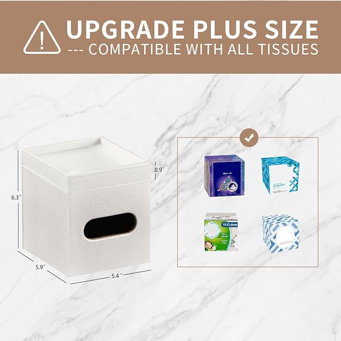 Tissue Box Cover Square, PU Leather Tissue Cube Box Holder with Storage Valet Tray, Decorative Tissue Holders, Modern Tissues Case Napkin Dispenser Facial Paper Organizer for Bathroom Vanity