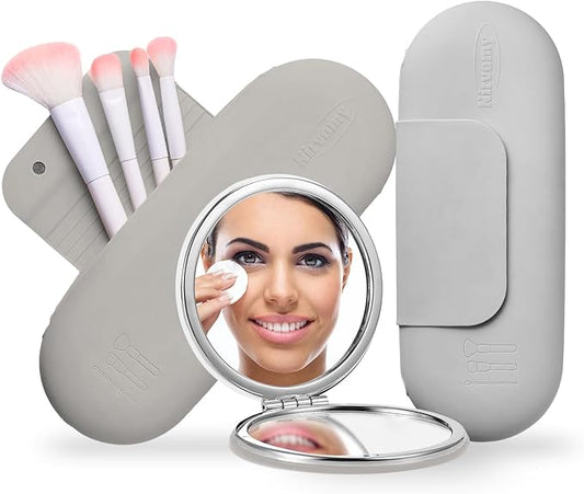 Travel Makeup Brush Holder, Silicone Makeup Brush Organizer, Dirt-Resistant Easy to Clean Makeup Brush Bag with Anti-Fall Out Magnetic Closure, Travel Essentials for Women (Ivory)