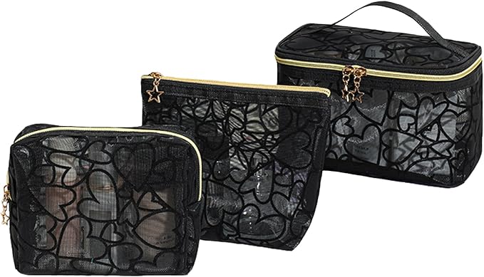 3-Piece Mesh Makeup Bag Set Flocking Heart Printed, Portable Travel Mesh Cosmetic Bags Toiletry Bags Makeup Purse Bags Five-pointed star zipper pull Storage Pouches, for Home Travel