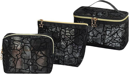 3-Piece Mesh Makeup Bag Set Flocking Heart Printed, Portable Travel Mesh Cosmetic Bags Toiletry Bags Makeup Purse Bags Five-pointed star zipper pull Storage Pouches, for Home Travel