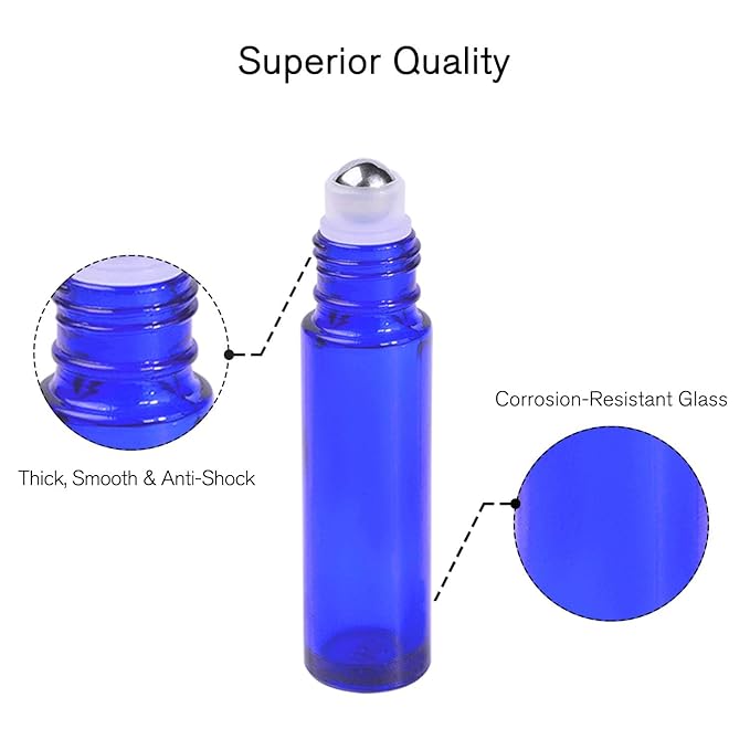 PrettyCare 60 Pack, Bulk 10 ml Essential Oil Roller Bottles with Stainless Steel Roller Ball - Bulk Refillable Leak-proof Empty Thick Blue Glass Roll on Bottles with Black Caps for Travel, Perfume