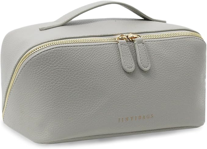 JINYIBAGS Travel Makeup Bag – Large Cosmetic Organizer with Waterproof PU Leather, Smooth Double Zipper & Tear-Resistant Lining, Toiletry Pouch for Women (Grey)