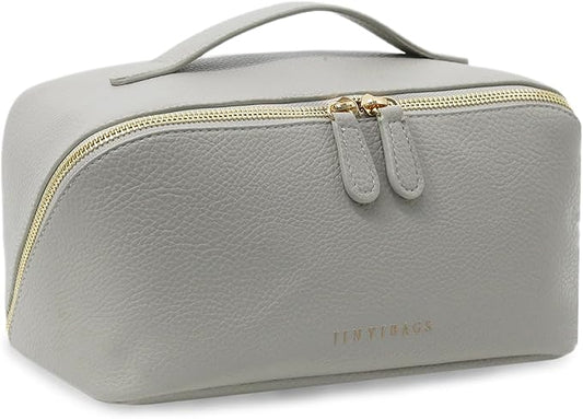 JINYIBAGS Travel Makeup Bag – Large Cosmetic Organizer with Waterproof PU Leather, Smooth Double Zipper & Tear-Resistant Lining, Toiletry Pouch for Women (Grey)