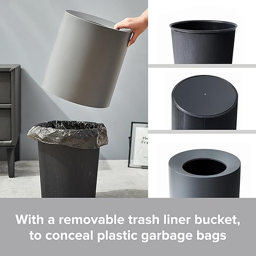 Modern Round Waste Basket - 3.2Gal/12L Open Top Trash Bin - White Garbage Can with Removable Plastic Bin - Keeps Liner Bag Hidden - Bathroom Garbage Can or Trash Can for Kitchen - Minimalist Office