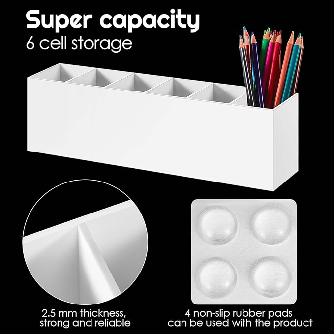 Jetec Acrylic Pen Holder 6 Compartments Makeup Brush Stationery Organizer Pencil Holder for Desk Accessories, Cosmetic Brushes, Dorm, Home, Bathroom, Kitchen, Office Supplies(White)