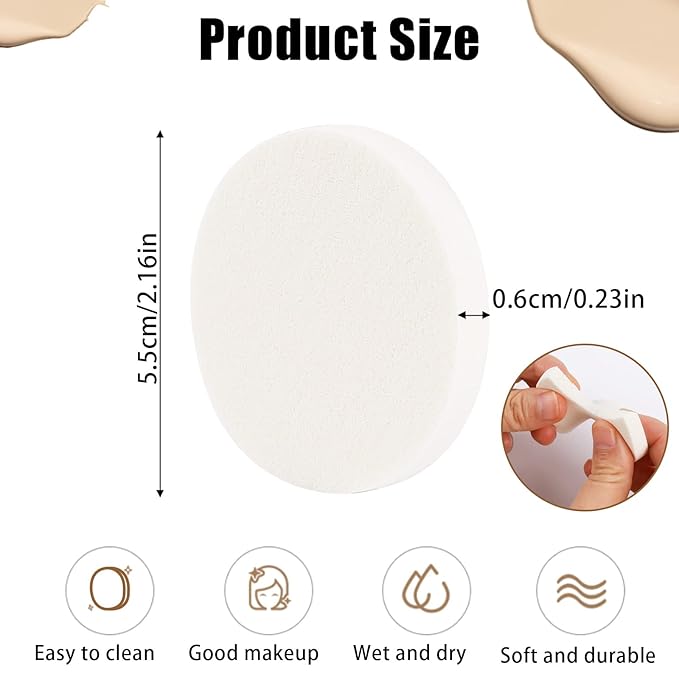 50 Pieces White Round Makeup Sponge Facial Powder Puff Cosmetic Sponge Round Foam Pad Makeup Eye Face Foundation Powder for All Skin Types, Wet and Dry Dual Use