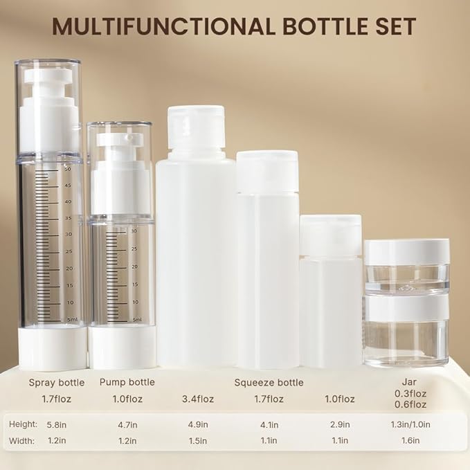 7 Pcs Travel Bottles Kits, TSA Approved Leak Proof Toiletry Container Set, Graduated Vaccumn atomizer and Lotion Bottle, Squeeze Bottle, Transparent Cream Jar, for Shampoo Lotion Cream Cosmetic