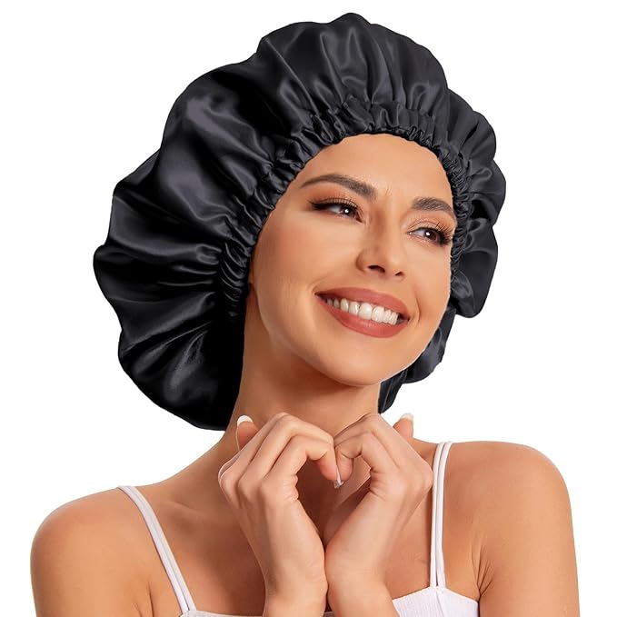 Satin Bonnet Silk Bonnet Hair Bonnet for Sleeping-Slouchy Beanie Hat Satin Sleep Cap for Women's Natural & Curly Hair(Black&Pink)