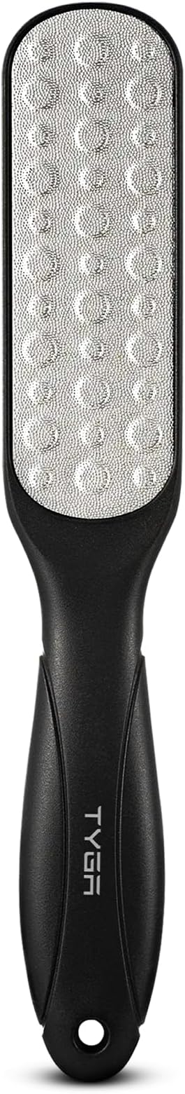 TYGA Double-Sided Foot File, Coarse & Fine, Dry & Wet, Stainless Steel, Pedicure Care Tool, Callus Remover for Feet, Multidirectional Nickel, Hard Skin Removal, Washable, Spa and Skin Care (Black)