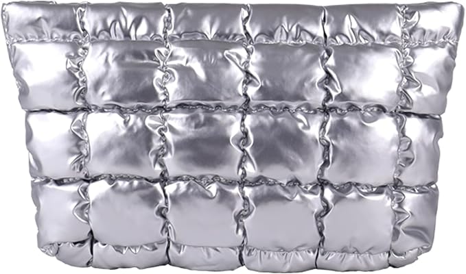 Puffy Quilted Makeup Bag, Cosmetic Bag, Travel Toiletry Organizer Pouch, Clutch for Women (Silver)