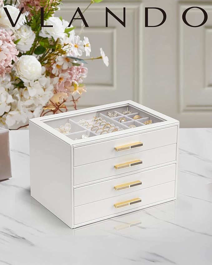 Vlando Jewelry Box for Women, Glass Lid Jewelry Organizer with 4 Drawers for Necklaces Rings Earrings Bracelets Christmas Gift - White