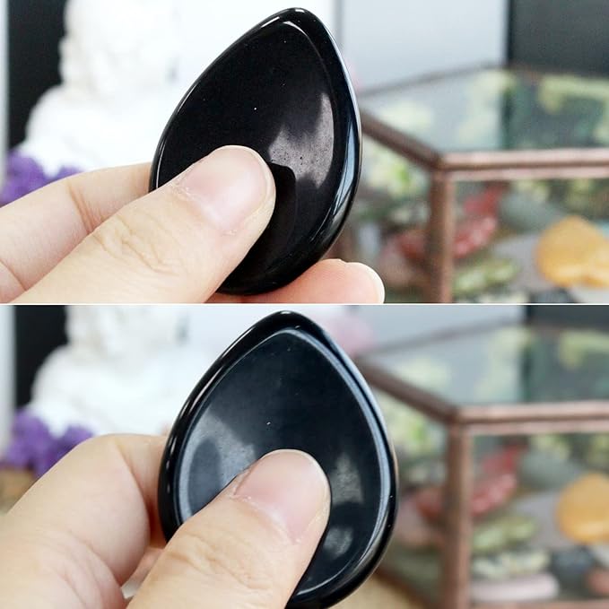 2PCS Thumb Worry Stone Lapis Lazuli Obsidian Healing Crystals Sets Hand Carved Stones Gemstone Pocket Natural Stone Meditation Reiki Water Drop Shaped Palm Stone for Anxiety Therapy