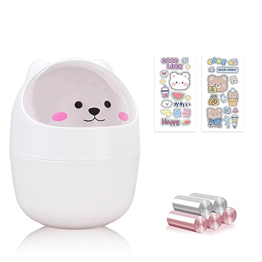 Cute Desktop Tiny Trash Can with Flip Lid, Creative Kawaii Bear Mini Wastebasket, Portable Countertop Dustbin for Office Kitchen Vanity Tabletop Bedroom (White)