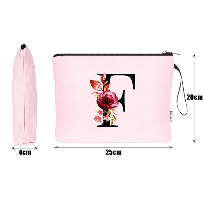 Vavabox A-Z Personalized Makeup Bag, Birthday Gifts for Women Mom, Gifts for Best Friend, Bride Bridesmaid Cosmetic bag (F, Pink)
