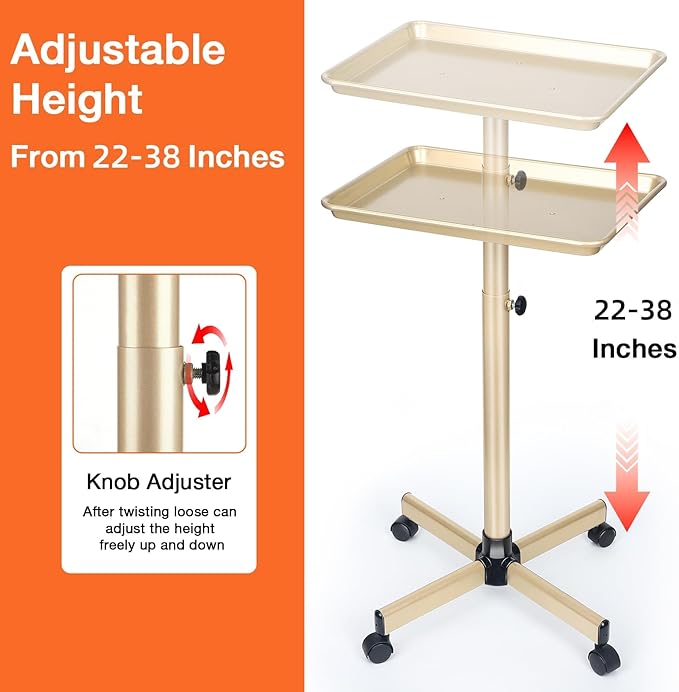 Salon Tray on Wheels, Champagne Gold Salon Tray Cart with Adjustable Height, Hair Stylist Tray, Metal Tattoo Tray, Suitable for SPA and Dental Tray