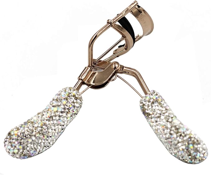 Bling Rhinestones Makeup Eyelash Curler with Refill Silicone Pressure Pads and Spring Loaded for No Pinching or Pulling (Silver)
