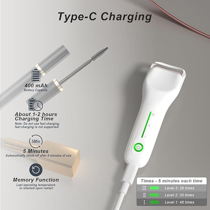 Heated Eyelash Curler, Type-C Rechargeable with 3 Temp Settings & Safe Silicone Pad for Natural Curls, Travel-Friendly (White)