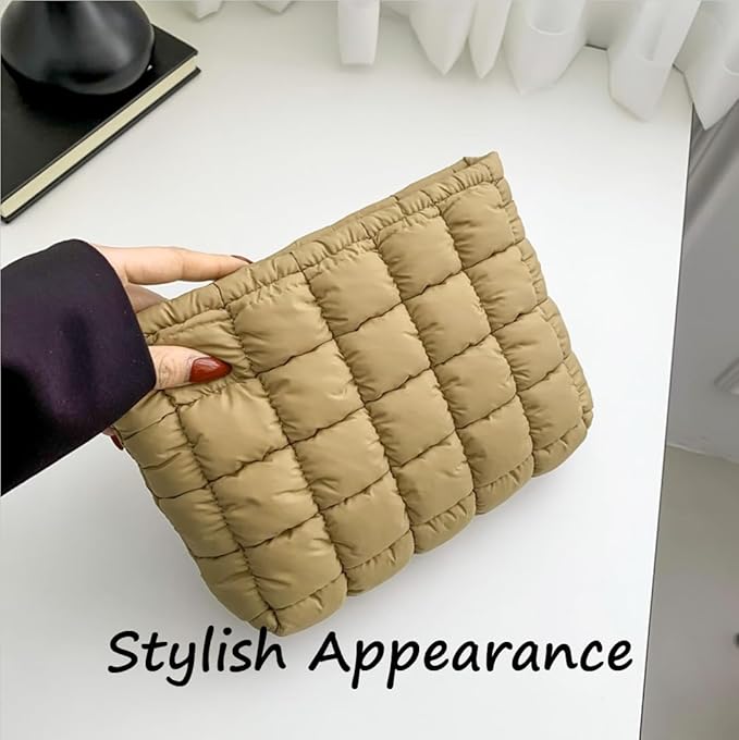 Puffy Quilted Makeup Bag for Women, Cosmetic Bag, Travel Toiletry Organizer Pouch Clutch (khaki)