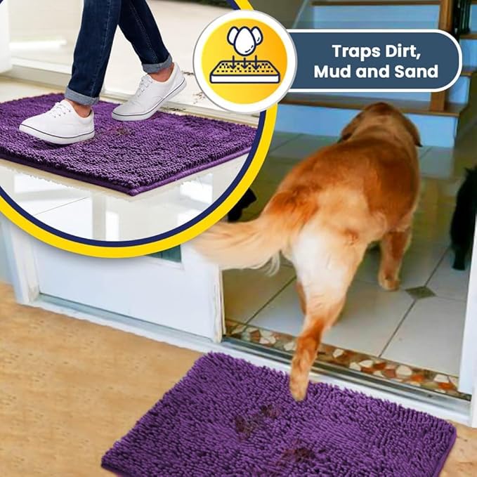 Muddy Mat® | Super Absorbent Door Mat Indoor, Microfiber Quick Dry Chenille Entryway Rug, Non-Slip Front Door Mat, Indoor Mats for Entryway, Machine Washable Pet Rug, Purple 24" x 120"