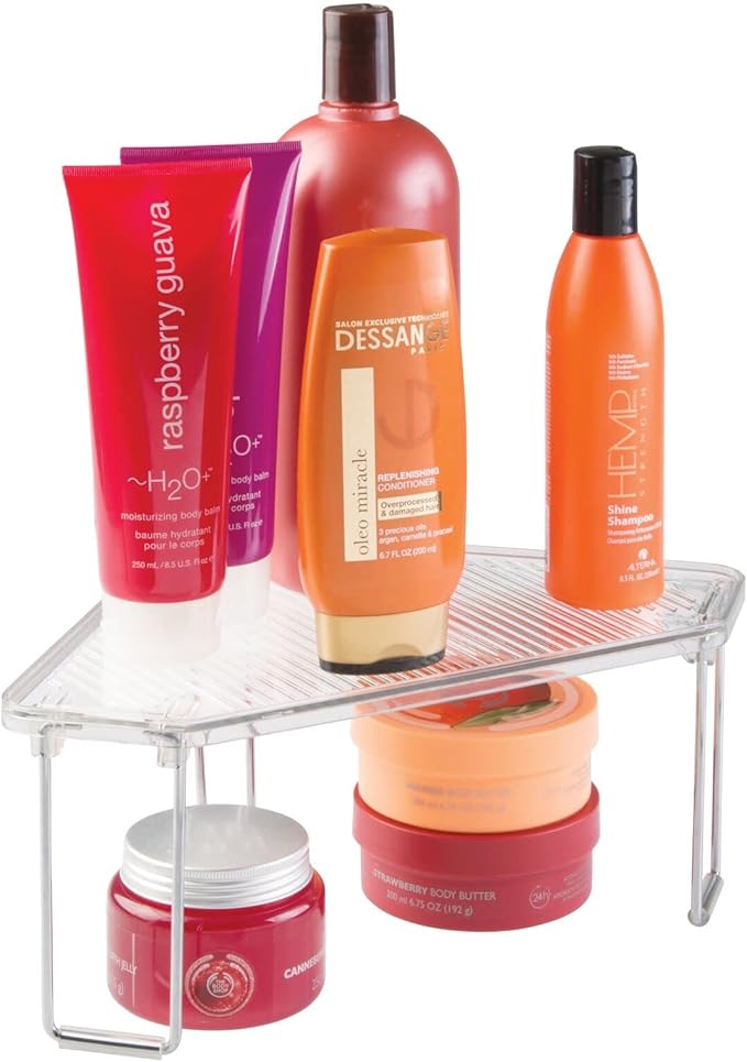 mDesign Plastic/Steel Corner Stackable Rack, Storage Organizer Shelf for Bathroom, Vanity, Countertop, Sink, Cabinet, Holds Makeup, Shower Accessories, Ligne Collection - 4 Pack - Clear