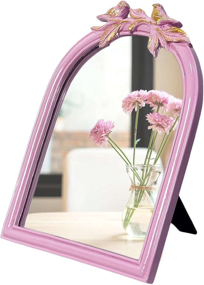 Pink Bird Bow Mirror - 13x10 Inch Perfect Elegant Decorative Accent, Wall-Mounted Tabletop Makeup Mirror for Nursery Baby Room Bedroom Decor