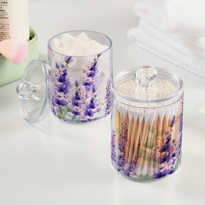 2 Pack Qtip Holder Dispenser Purple Lavender Storage Canister Bathroom Acrylic Plastic Apothecary Jars Vanity Organizer Lid for Cotton Swab/Ball/Pad