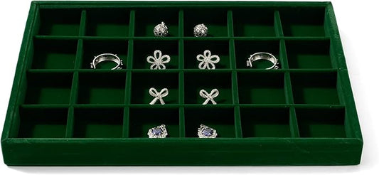 24 Girds Jewelry Ring Tray Earring Organizer Tray Green Velvet Jewelry Organizer Display Trays for Ring Earrings Storage (Green)