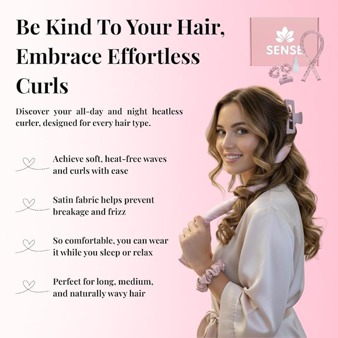 Satin Heatless Curling Kit, 39" Rod – No Heat Overnight Curls for Frizz-Free Waves – Comfortable Set w/ 2 Scrunchies, Claw Clip for All Hair Types (Pink)
