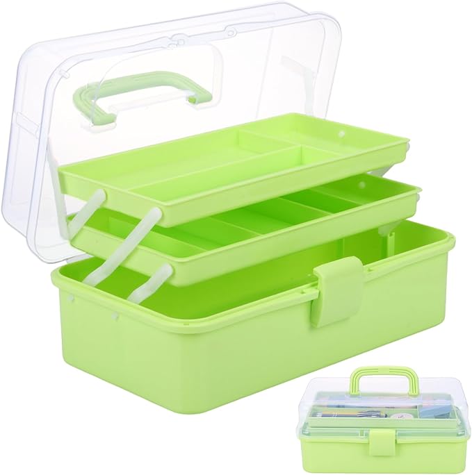 OUTUXED 12.5inch 3-Layer Multipurpose Craft Organizers, Portable Folding Toolbox, Plastic Tool Box with Handle for Sewing Supplies, Medicine, Art Supplies, Nails and Hair Accessories(Green)