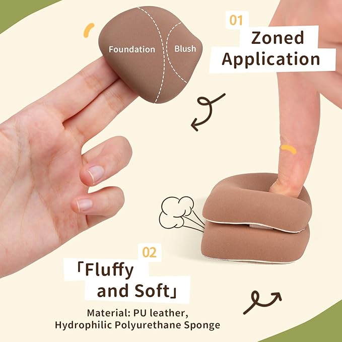 2-Pack Cute Tricolor Cat Makeup Sponge Oxygen-Finish Makeup Sponge for Liquid Foundation & Cream Blush, 85° Angled Tip, Hydrophilic PU for Sheer & Natural Makeup, Buildable Coverage Sponge