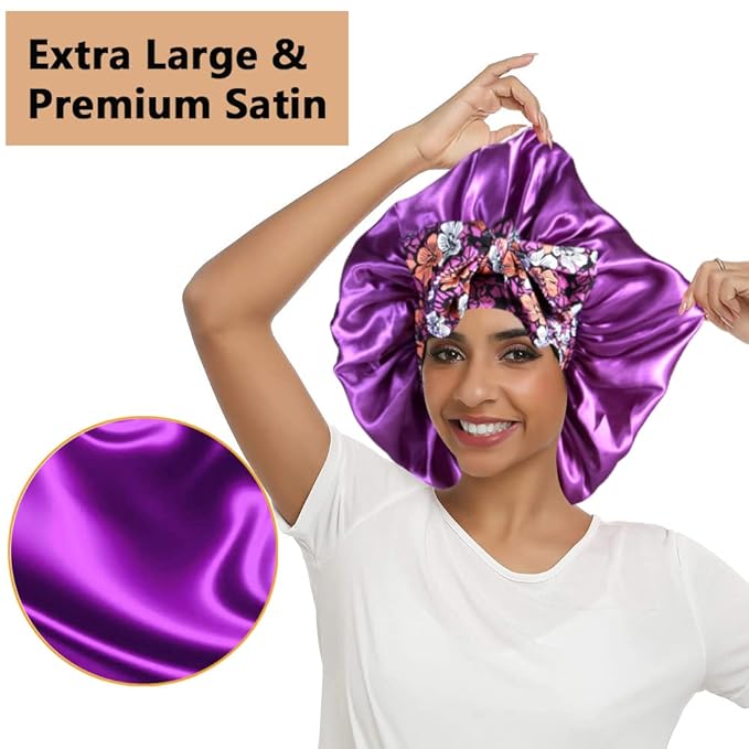 2pcs Large Silky Bonnets with tie Band Braid Bonnet, Satin Bonnet for Sleeping Curly Hair, E