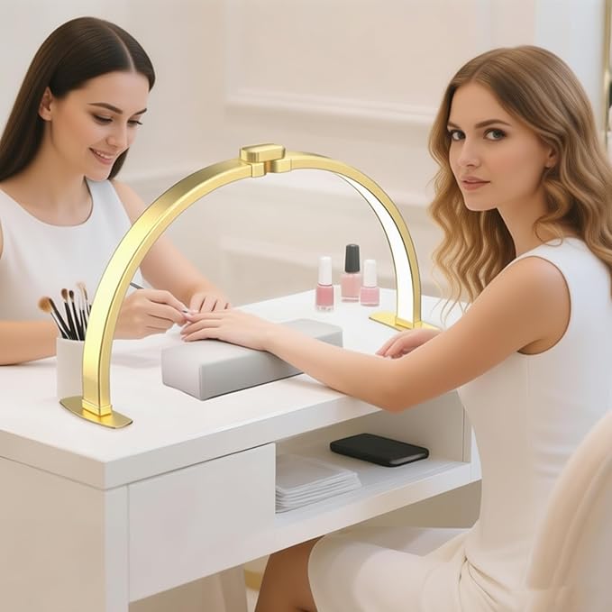 Foldable Large Half Moon LED Light for Table Nail Desk with Phone Stand, Upgrade Arch Light for Nail Techs with Wire Controller for Manicure Tattoo Beauty (Gold, Large)