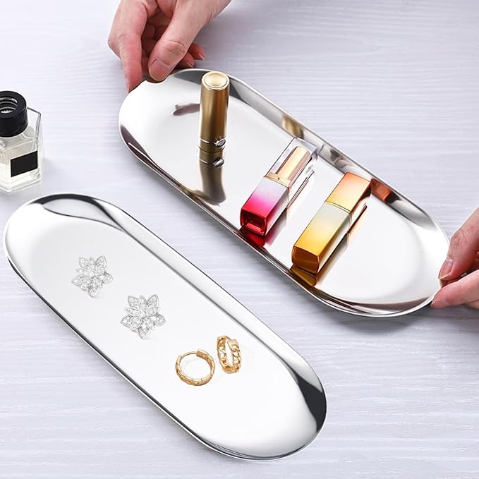 2 Pcs Modern Silver Stainless Steel Oval Decorative Trays, 8.7"L x 2.4"W x 0.4"H, Cosmetic & Jewelry Organizer, Mirror-Polished Finish, 2 Pack