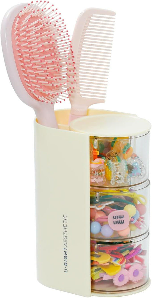 FABROK 3-Layer Clear Hair Accessories Organizer with Hair Brushes Holder, Rotatable Small Jewelry Box for Hair Clip Earring Necklaces, Desktop Organizer Case for Cotton Swab, Hair Accessories(Yellow)