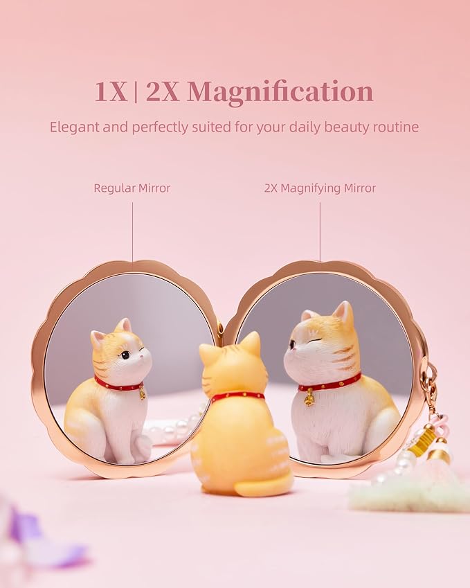 Twelve Flower Goddesses Compact Mirror, Mini Makeup Mirror with Small 2X Magnifying, Portable Double Sided Pocket Mirror for Purse, Pink Gifts for Women Girls