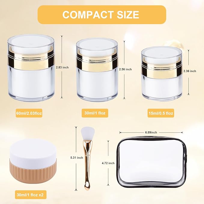 1.7/1/0.5oz Refillable Cosmetic Moisturizer Airless Pump Jar 3 Pack Bottles Travel TSA Size for Cream, Gels and Lotion with 2 Silicone Cream Jars BPA-Free