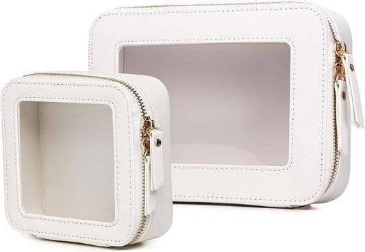 Clear Makeup Bag Set Portable Travel Cosmetic Bag and Toiletry Bag Women's Purse Pouch Cosmetic Stroage Organizer Bag with Zipper Car Essentials (White, M+Mini)